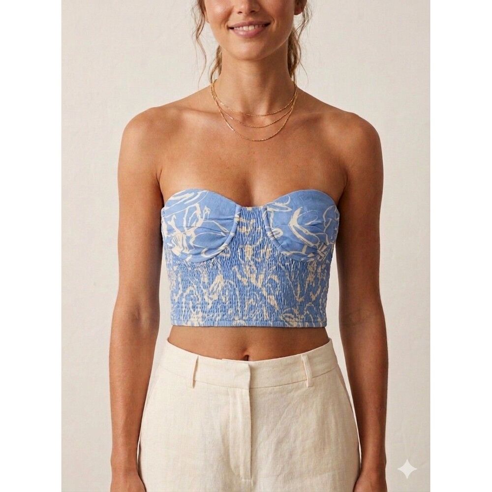 Zara Bustier Top Women Small Blue Floral Smocked Strapless Linen Blend NWT